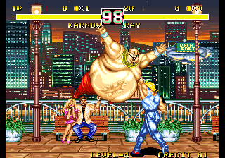Karnov does his Balloon Attack, while Ray attempts to anti-air with crouching Heavy Punch. This doesn't work because Karnov is invincible, but Ray has other options...